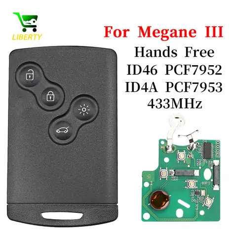 리버티 자동차 리모컨 키, 르노 메가네 3 플루언스 시닉 라구나 3 콜레오스 클리오 PCF7952 교체 핸즈프리 카드