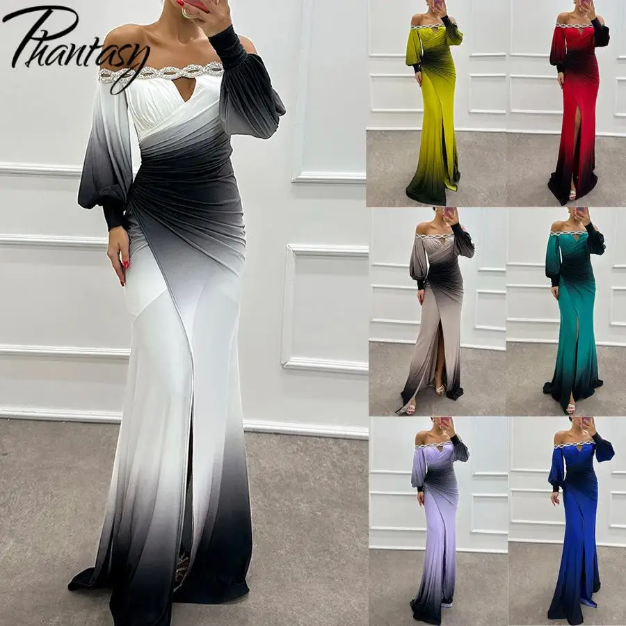 

Phantasy Women Long Dress Weding Fishtail Skirt Fashion Party Banquet Gown Elegant Bishop Sleeve One Shoulder Robe Autumn Dress