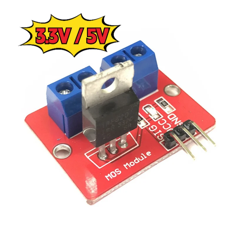 

IRF520 MOSFET Driver Module 3.3V/5V Logic Level PWM Control, Supports 0-24V Load for LED Dimming, DC Motor Speed Control