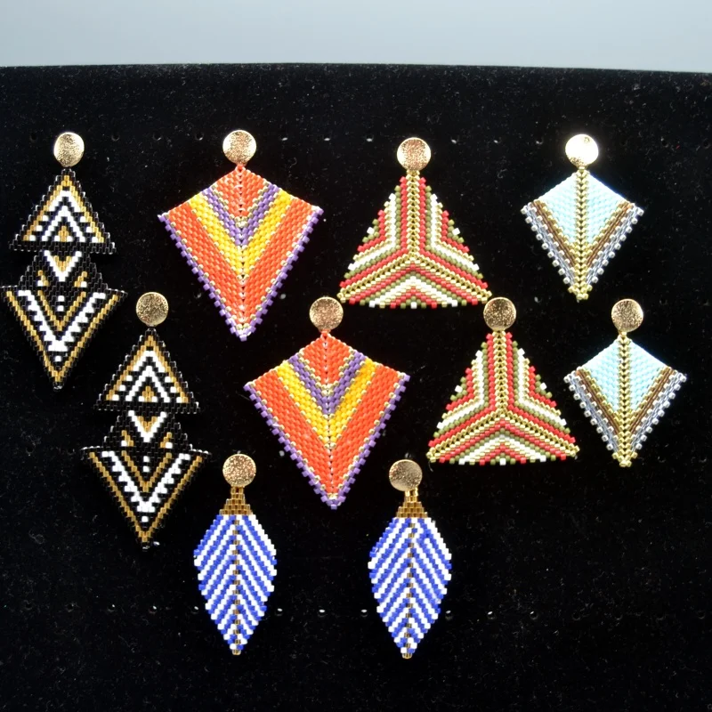 ZGMXR Bohemia Rice bead earrings Geometric shape Color mixing Hand-woven Alloy Personality Female National style Original design