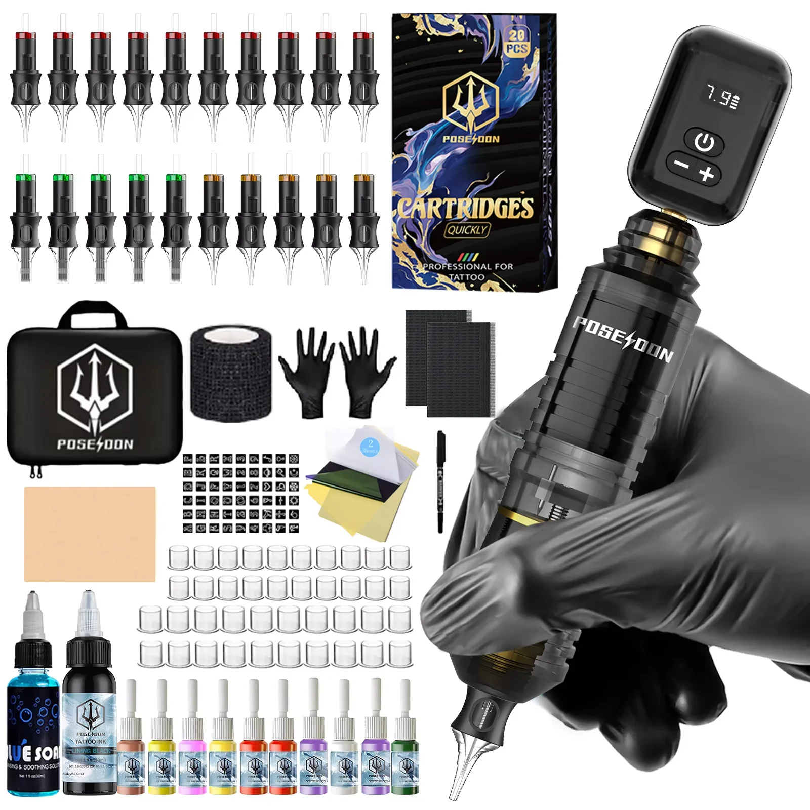 Tattoo Kit POSEIDON V5 Black Tattoo Pen Kit For Permanent Makeup Tattoo Machine Kit High Power Tattoo Power Supply Tattoo Gun Ki