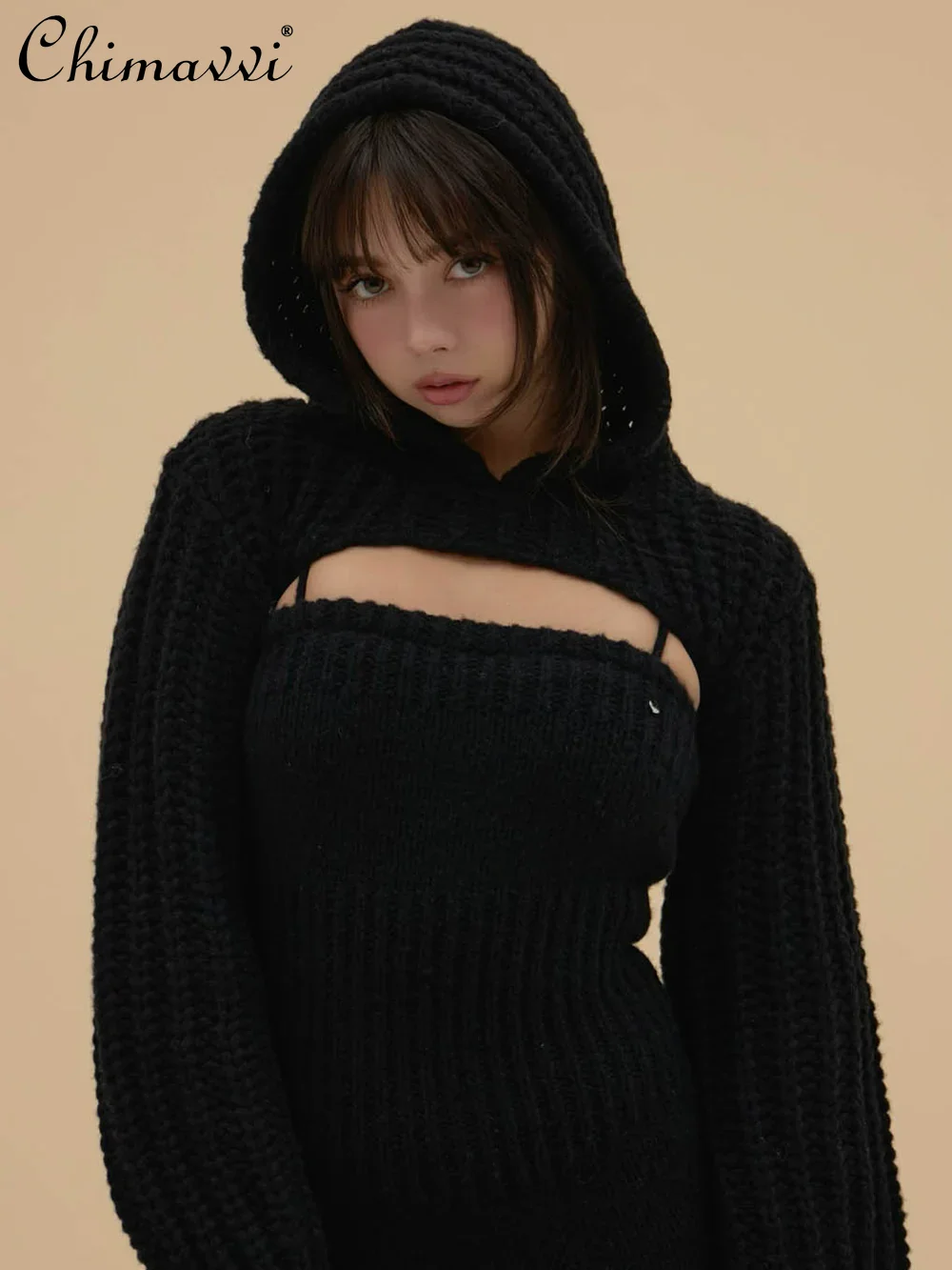 일본 스타일 패션 숄 후드 탑 스트랩 슬림핏 바디콘 니트 드레스 겨울 신상 우아한 여성 투피스 세트