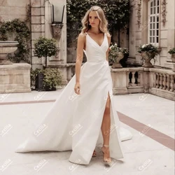 Graceful Wedding Dresses A-Line Satin Bridal Gowns Sexy Sleeveless High Slit Robes For Formal Party Glamorous Vestidos De Novia