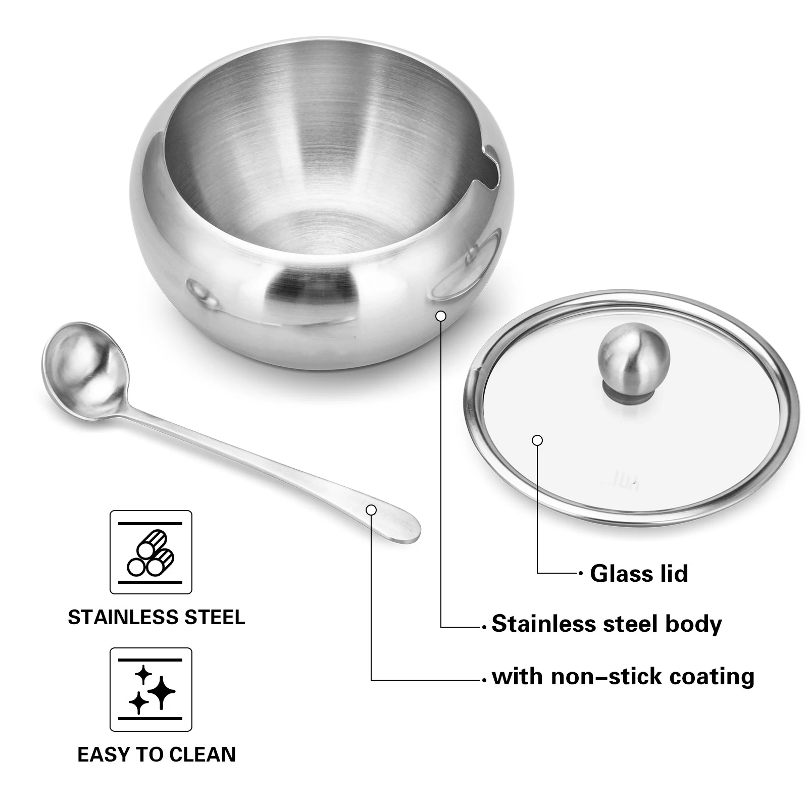 Stainless Steel Sugar Bowl 460ml With Glass Lid And Spoon Seasoning Tank Household Thicker Tank Coffee Jam Salt Spoon Bowl Box view 4