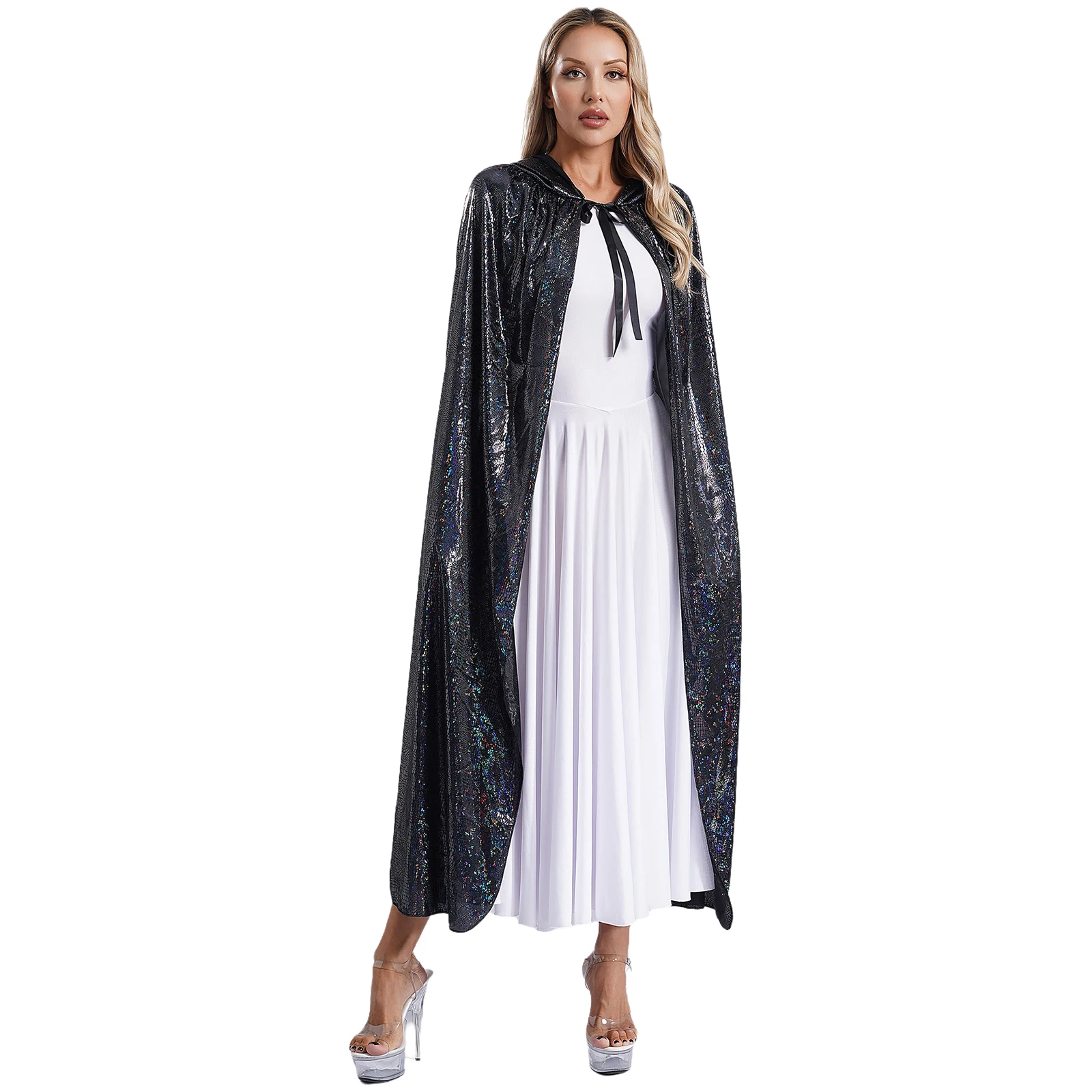 

Womens Mysterious Theme Party Cosplay Costume Set Cloak Magician Witch Wizard Vampire Cosplay Costume Shiny Hooded Cape Dressup