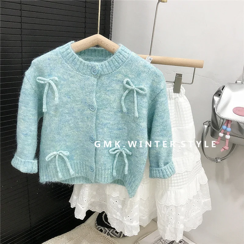 

South Korea Bow Round Neck Cardigan Sweater Girls Autumn and Winter New Sweet Soft Glutinous loose Wool Knitwear