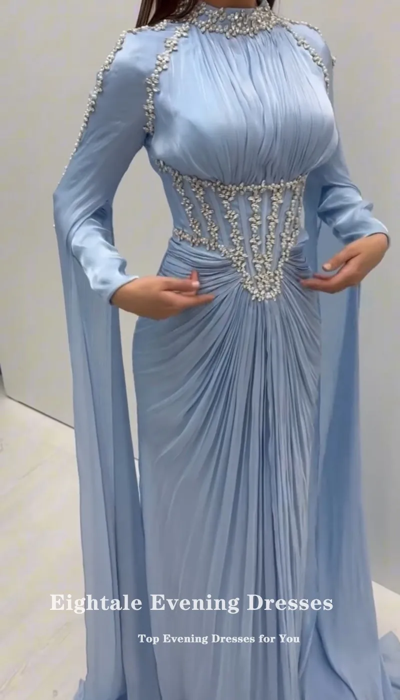 Eightale Arabic Evening Dress High Neck Crepe Customized Muslim Light Blue Beaded Rhinestones Prom Wedding Party Gown