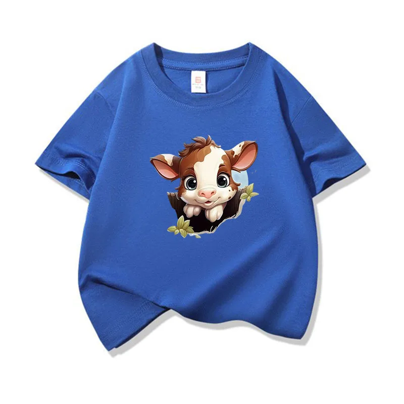 

Kids Cotton T Shirt Cute Brown Baby Peeking Cow Print Crew Neck Short Sleeve Tee Casual Boys Girls Summer Tops