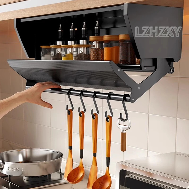 Kitchen Pull-down Folding Condiment Storage Shelf Space Aluminum Wall Hanging Condiment Rack Under The Cabinet Large-capacity