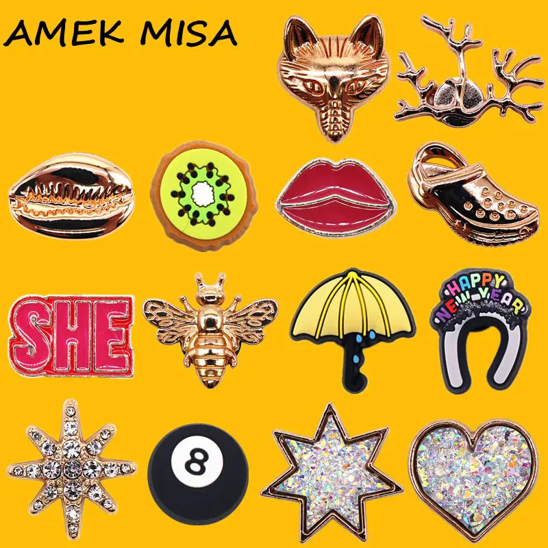 Original Metal&PVC Shoe Charms Gorgeous Rhinestones Shoe Decorations Golden Brand Designer Shoes Accessories fit Girls Gift
