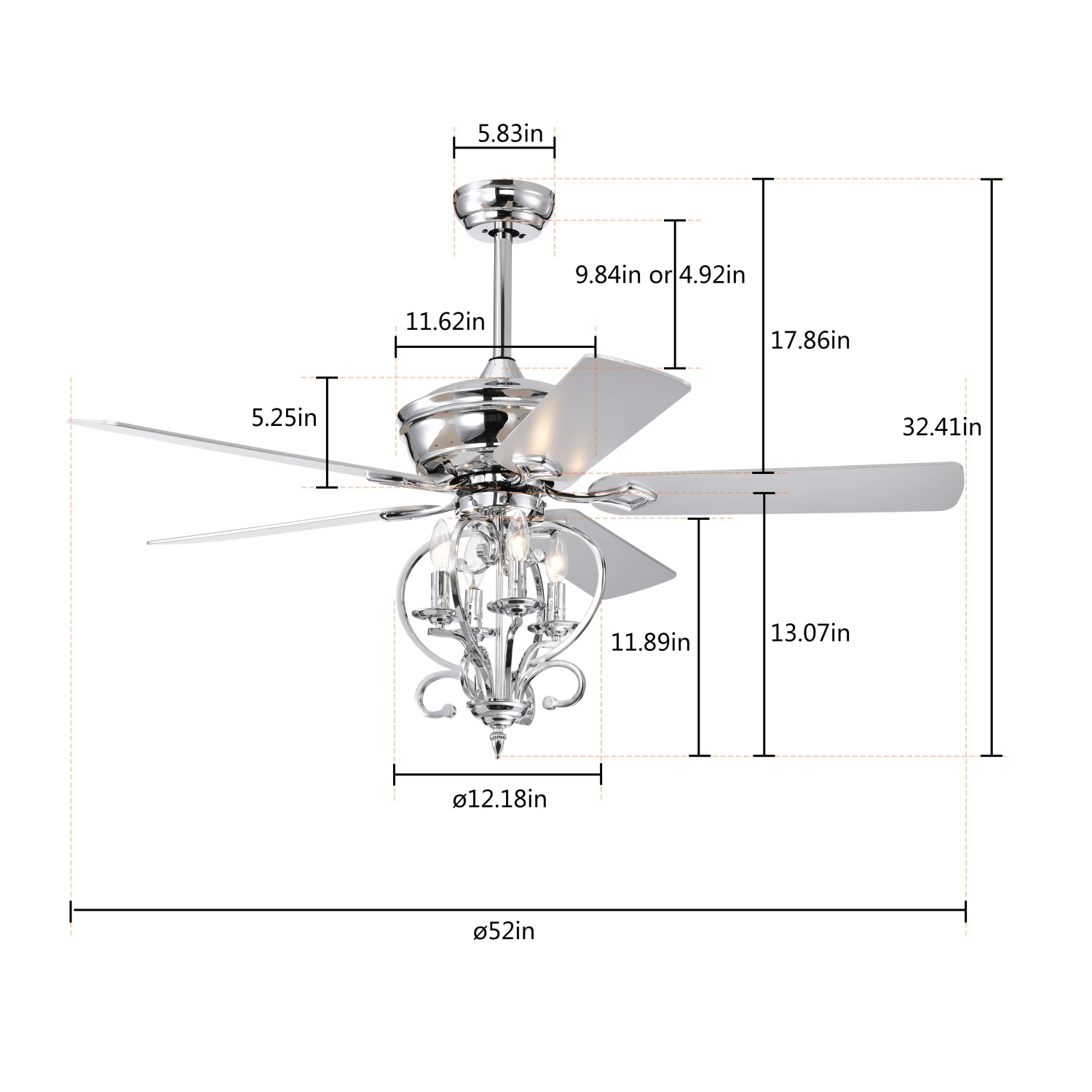 52" 4-Light Ceiling Fan w/ 5 Wood Blades, Remote Control, Reversible Airflow, 3-Speed, Adjustable Height (Silver)
