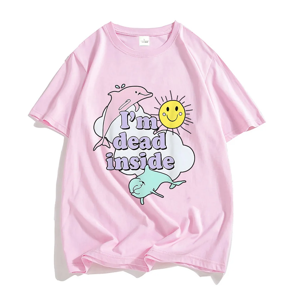 تيشيرتات I'm Dead Inside Dolphin 100_ قمصان قطنية عصرية للأزواج تي شيرت فضفاض للرجال والنساء بأكمام قصيرة ملابس علوية لطيفة على شكل حيوان قابلة للتنفس