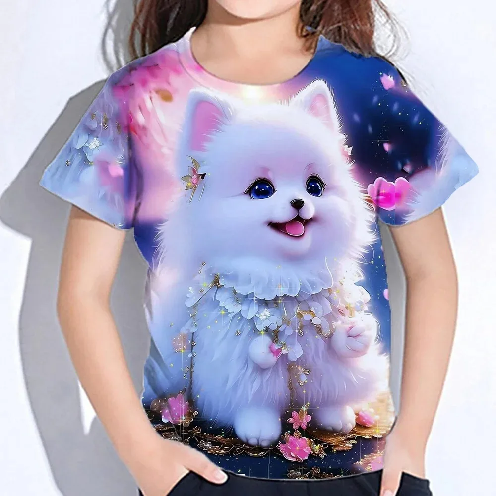 Girls' Autumn Clothes Cute Furry Cat Print T Shirt For Kids Short Sleeve From 8 To 10 Years Teenagers Korean Tee Shirts Children