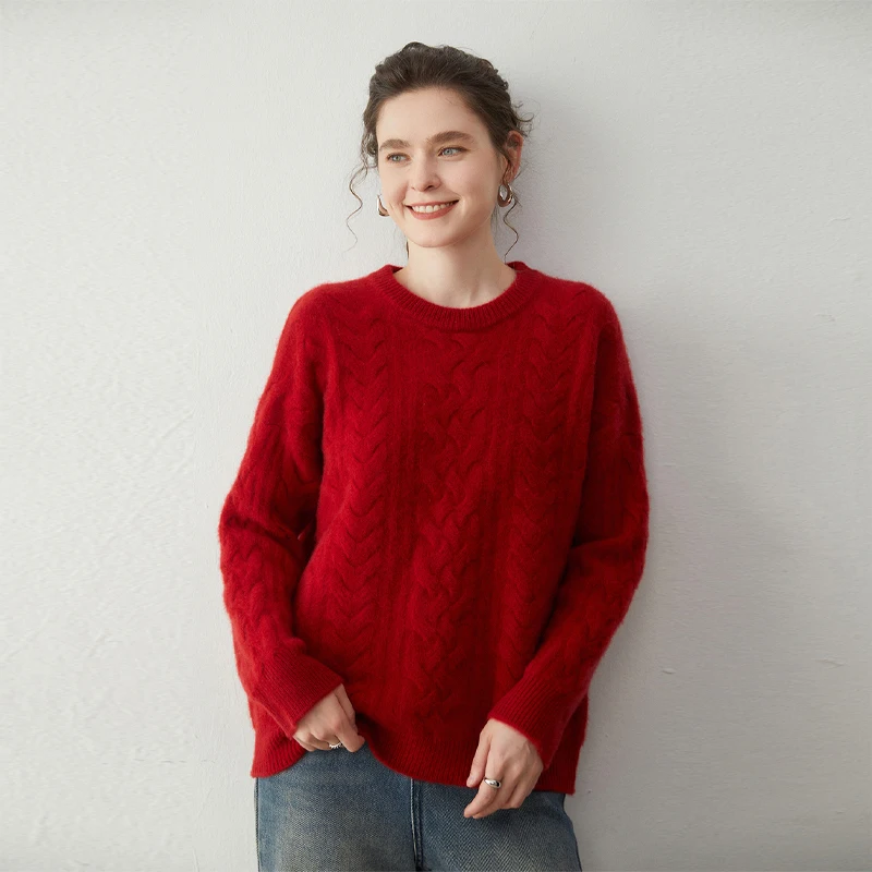 女性 100% カシミヤプルオーバーセーター O ネック長袖ツイストフラワープルオーバー秋冬ルーズヤギカシミヤニットウェアトップス