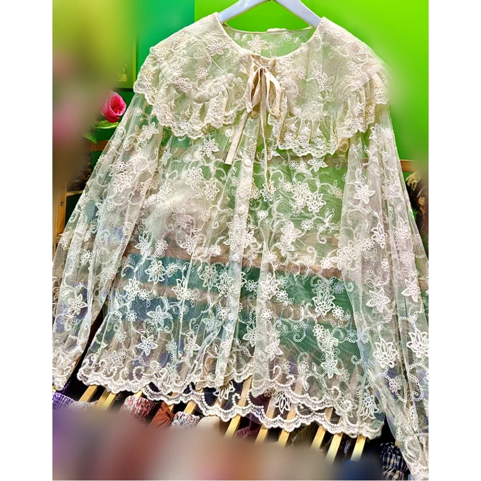 

Vintage Lace Floral Embroidery Transparent Victorian Rococo Edwardian Shirt for Women Summer Mori Girl Sweet Lolita Retro Blouse