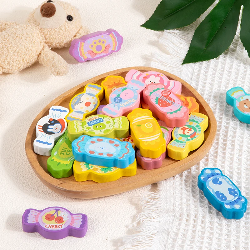 ألعاب خشبية ملونة على شكل حلوى مع أنماط متنوعة للعب. يمكن للأطفال ممارسة التعرف على الأشكال أثناء متعة مع العلبة #2