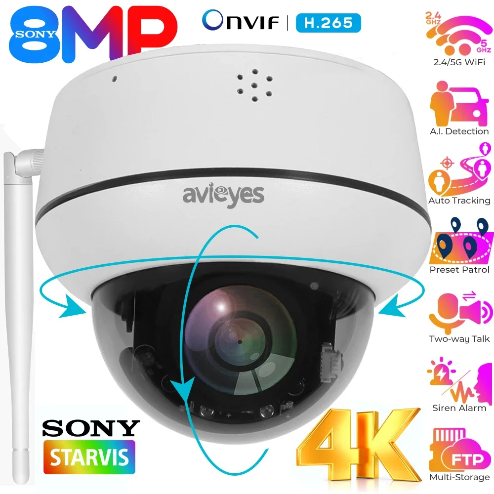 

4K 8MP Wifi Dome IP PTZ Camera Outdoor Human/Vehicle Tracking Security Camera 2-way Audio Wireless Indoor Home Surveillance Cam