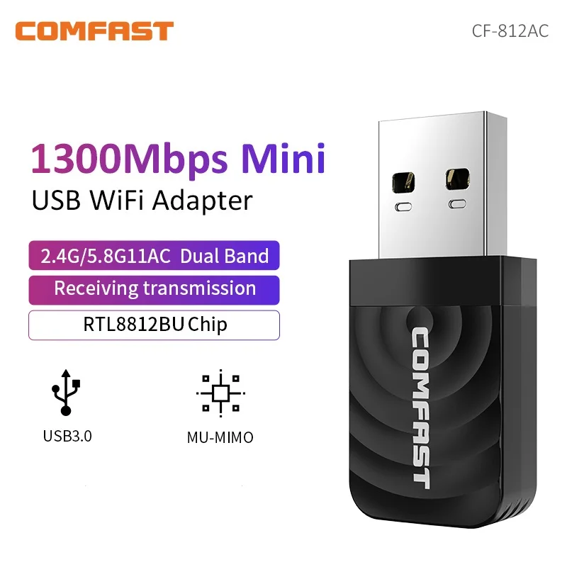 Comfast 1300Mbps USB3.0 WiFi Adapter Dual Band 2.4G&5G Wireless Network Card MU-MIMO WiFi Dongle AP for Linux Windows Vista MAC