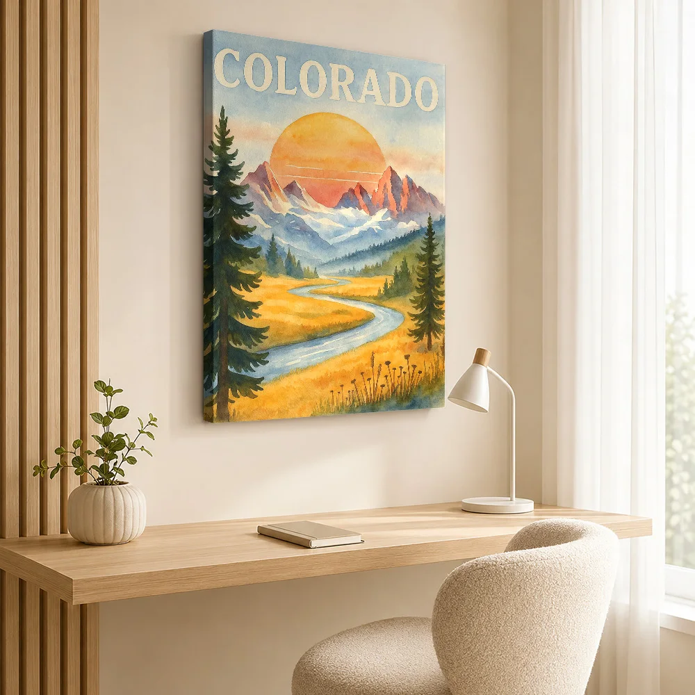 Colorado Sunset Valley – Vintage Watercolor Travel Framed Canvas Print Poster Customized Vintage City Wall Art for Hotel Decor