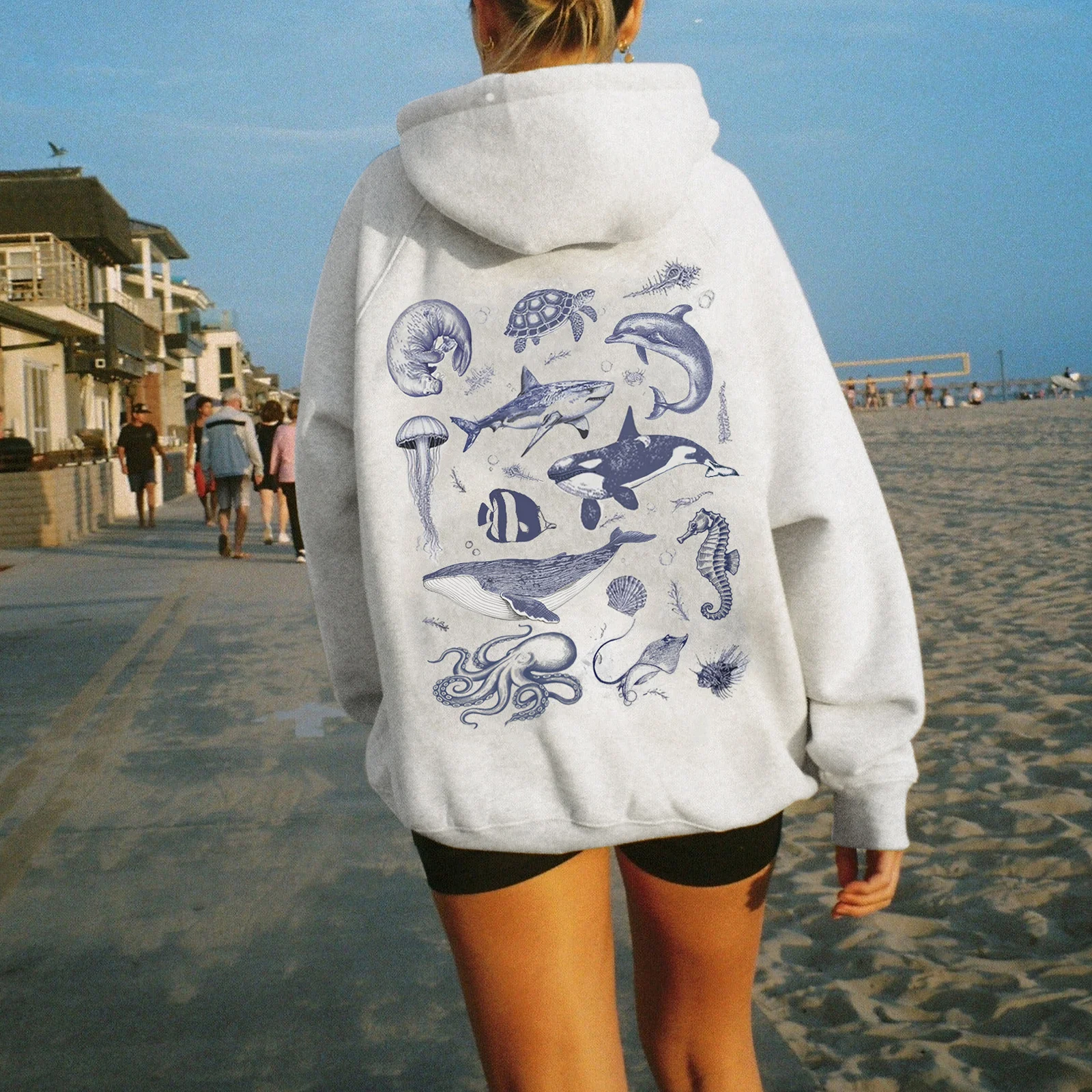 Women s Loose Fit Hooded Sweatshirt Fashionable Sea Life Print Long Sleeve Beach Pullover Casual Fall Daily Wear