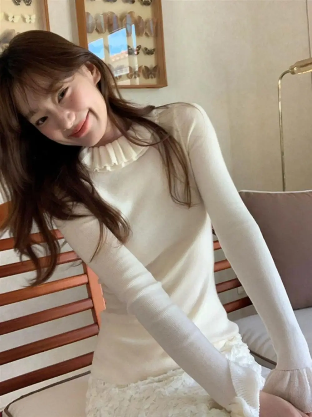 

Женский вязаный свитер с высоким воротником, ранний осенний дизайн, облегающий базовый слой, внутренняя одежда, топ, кружевной дизайн с цветочным принтом