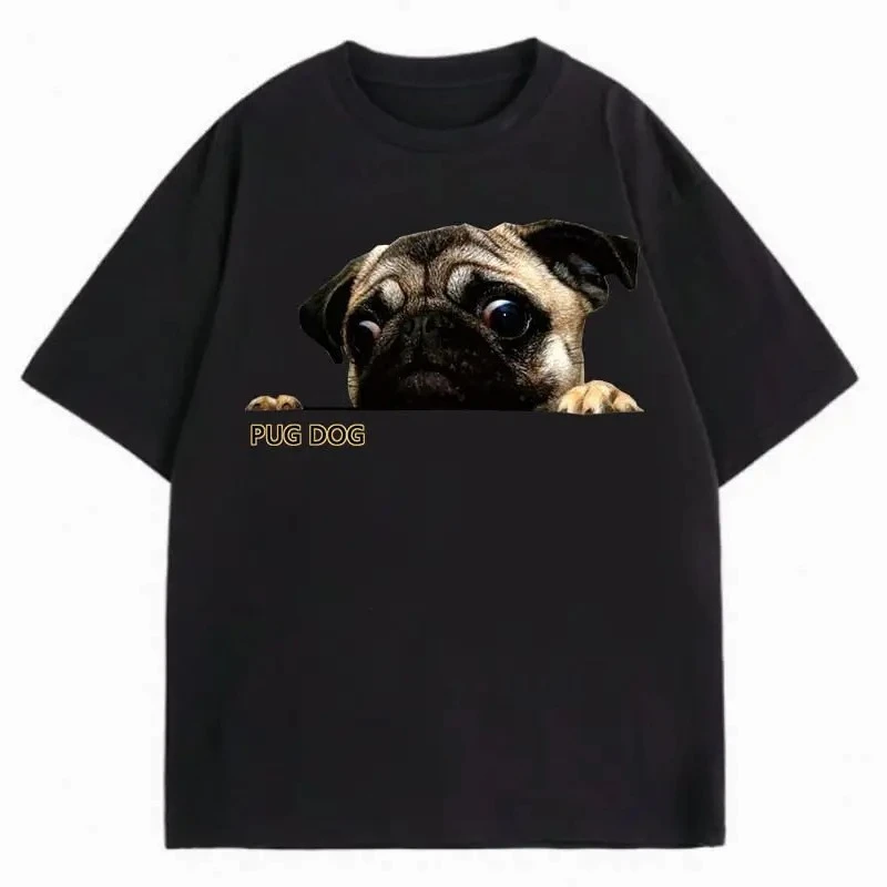 2026년 신상품 마이나 퍼그 강아지 패턴 반려견 프린트 여성용 루즈핏 반팔 트렌디 캐주얼 티셔츠 O넥 편안한 상의