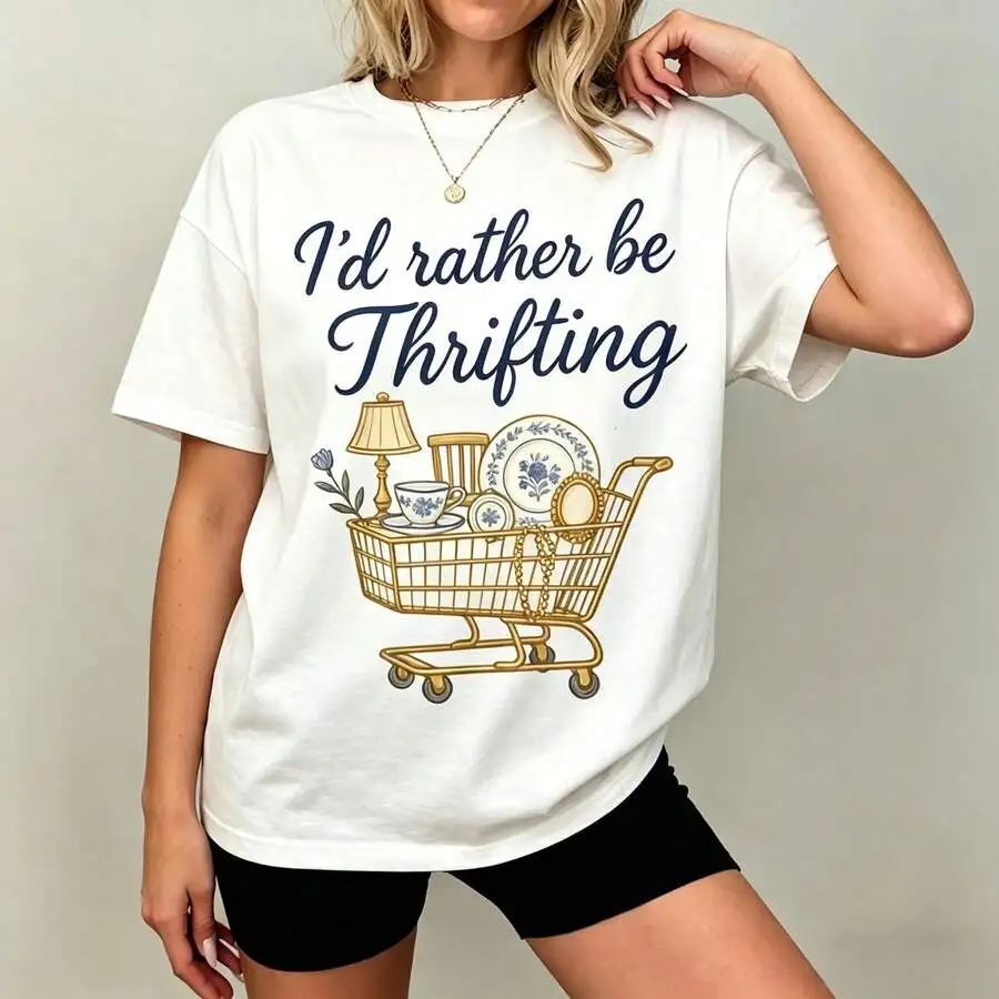 [Graphic Tee] 100% Cotton I'd Rather Be Thrifting Shirt, Vintage Thrift Lover Graphic T-Shirt, Cozy Cottagecore Aesthetic Tee, C