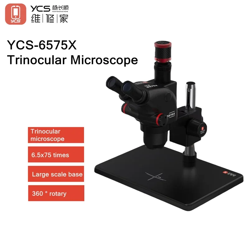 YCS 6575X Ultra HD Trinocular Microscope with Large Base for Phones PCB Welding Repair 360° Rotary 6.5*7.5 Times Microscope