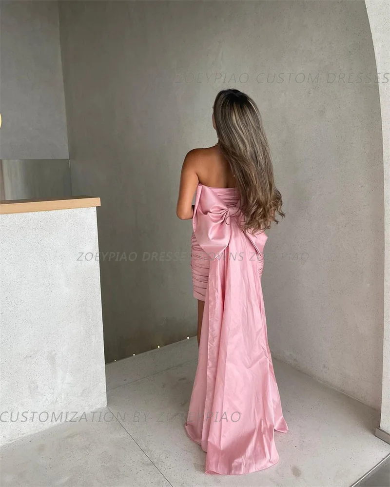 Baby Pink Short Evening Dress Satin Back Bow Strapless Custom Cocktail Women Prom Gowns For Special Occasion Wedding Party Dress