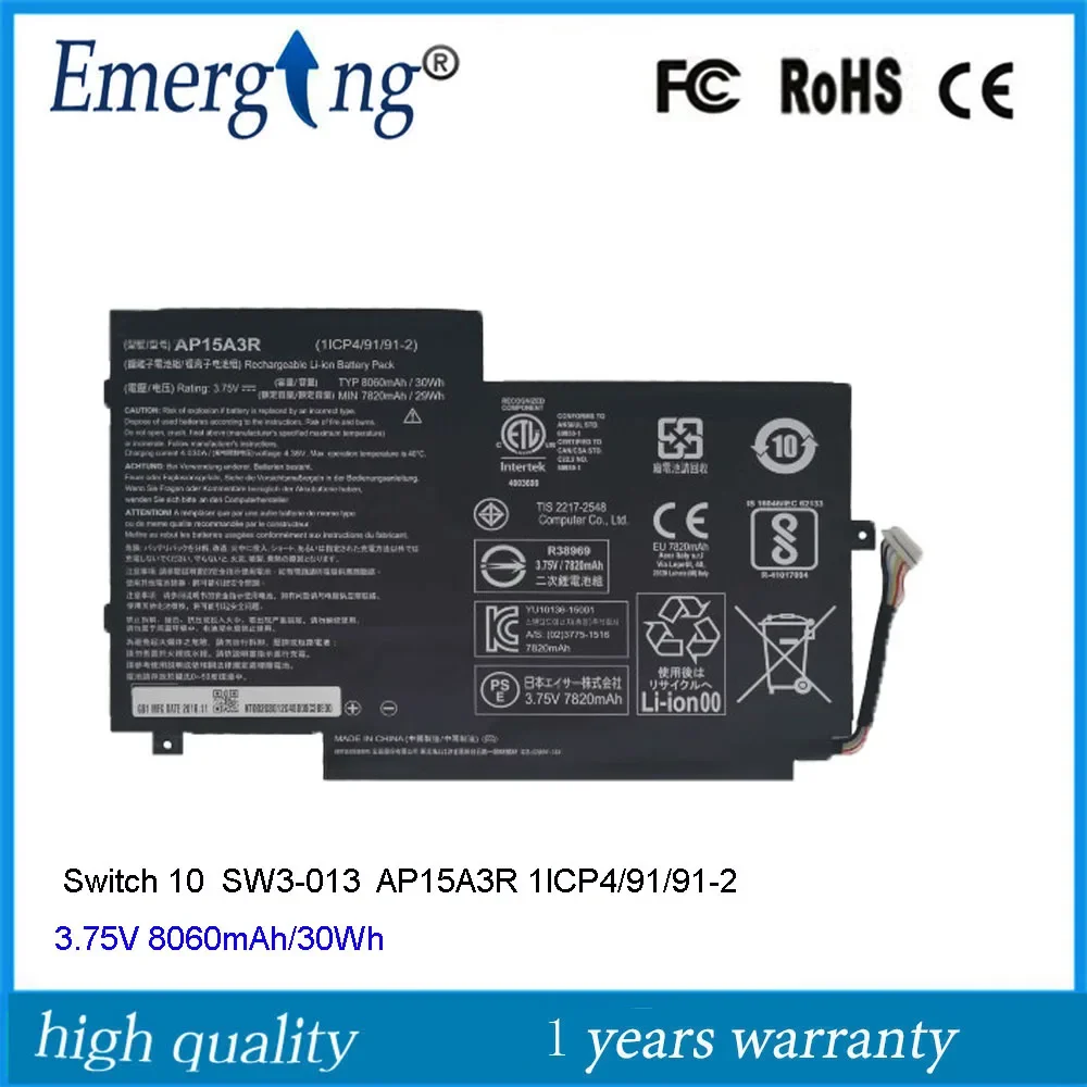 3.75V 30Wh Laptop Battery AP15A3R For Acer Aspire  Switch 10 SW3-013 1ICP4/91/91-2  KT.00203.009