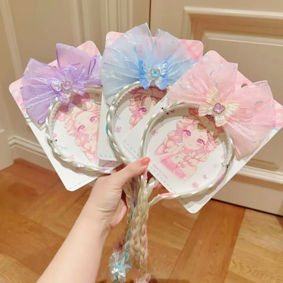 

Children Headband Butterfly Bow Braided Wig Double Braid Cute Fairy Smart Girls Pink Hair Accessories Kids Bithday Headgear TM04