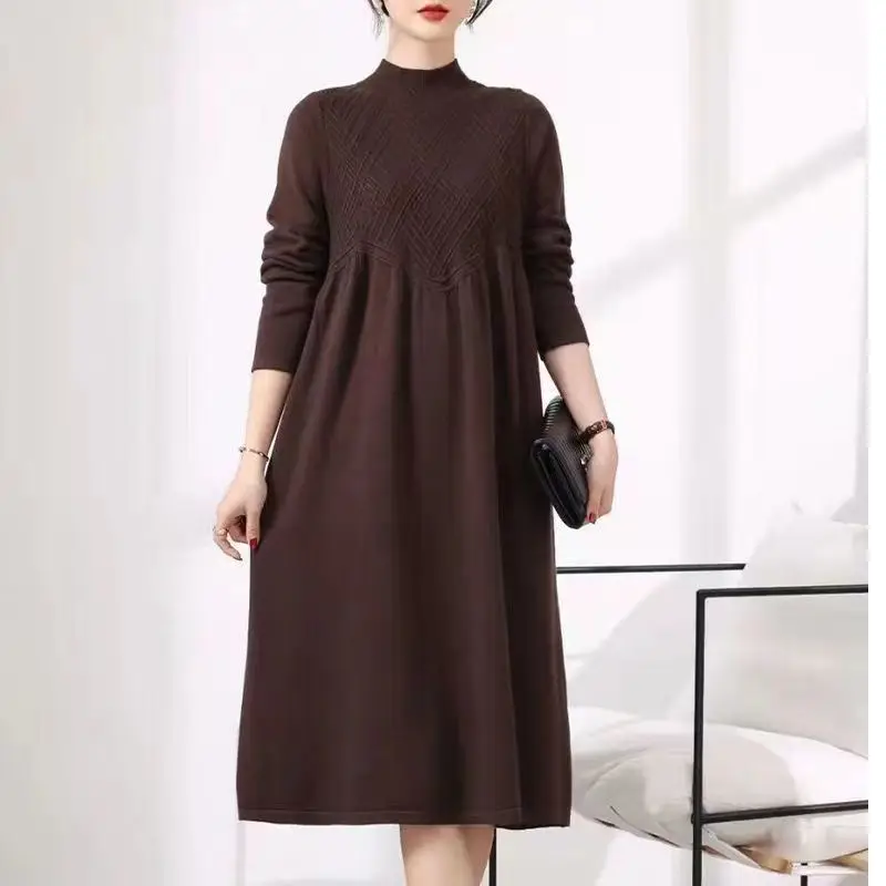 Autumn and Winter New Sweaters Over Knee Round Neck Women's Solid Color Half High  Loose Relaxed Knitted Dress B768