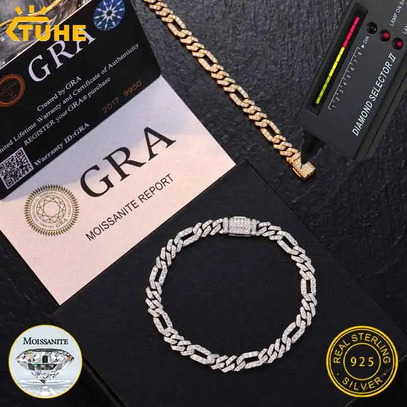 TUHE 6MM D Color VVS1 Moissanite Cuban Link Chain Bracelet S925 Sterling Silver Iced Out Hip Hop Jewelry Gift For Men Women