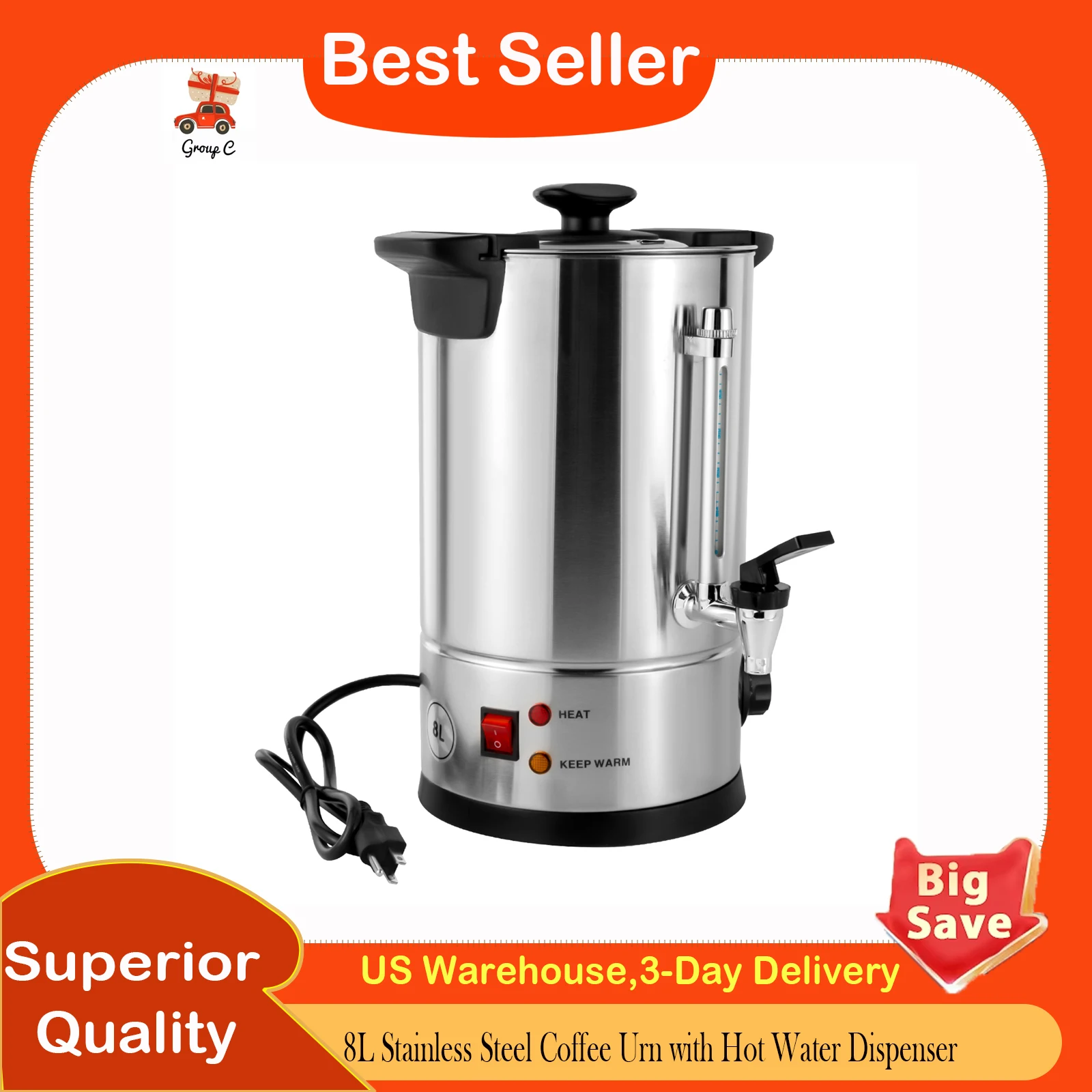 

Coffee Urn, 8L Stainless Steel Coffee Urn with Hot Water Dispenser, 304 Stainless Steel Liner Commercial Coffee Pot 110V