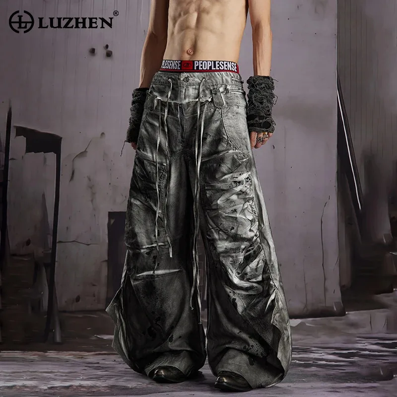 LUZHEN 2026 New Stylish Original Streetwear Wornout Vintage Style Tie-dyed Baggy Wide Leg Jeans Men Handsome Denim Pants JY8691