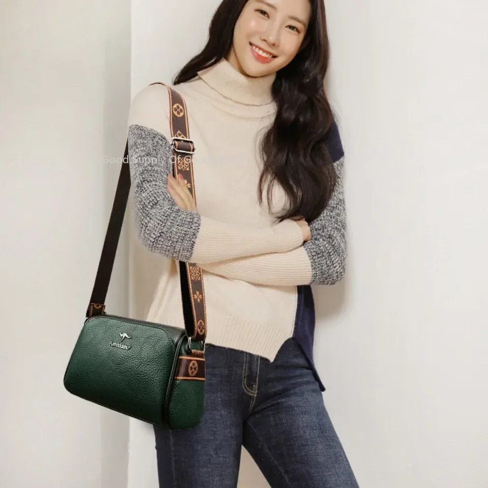 3-слойная женская маленькая сумка с карманами, высококачественная сумка для мамы среднего возраста, текстура из мягкой кожи, сумка через плечо с широким ремешком