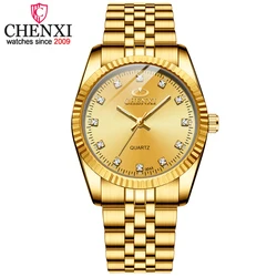 CHENXI Fashion Luxury Men Women Watch Gold Blue Quartz Wrist Watch Stainless Steel Couples Clock Casual Waterproof Mens Watches