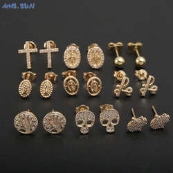 MHS.SUN Punk Gold Plated Stud Earrings Cross/Skull/Tree Of Life/Virgin Mary Religion Women Men Zircon Personalized Jewelry