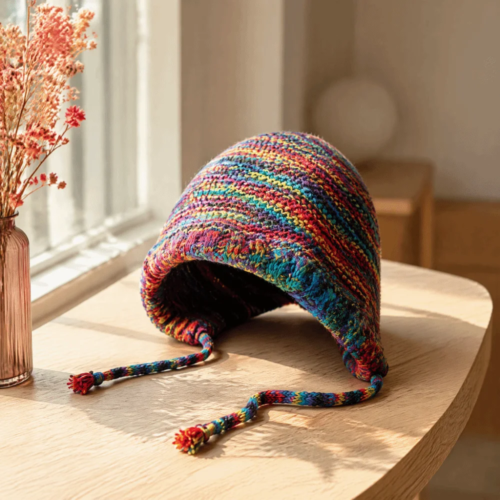 Rainbow Striped Knitting Beanie Hat Thick Knit Gradient Wool Crochet Cap Soft Fabric Handmade Crochet Stripe Beanie Hat Winter