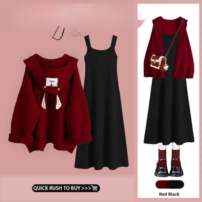 

Красный вязаный свитер-пальто женский, осенне-зимний, новый дизайн, с квадратным воротником, модный комплект из двух предметов, с длинными рукавами