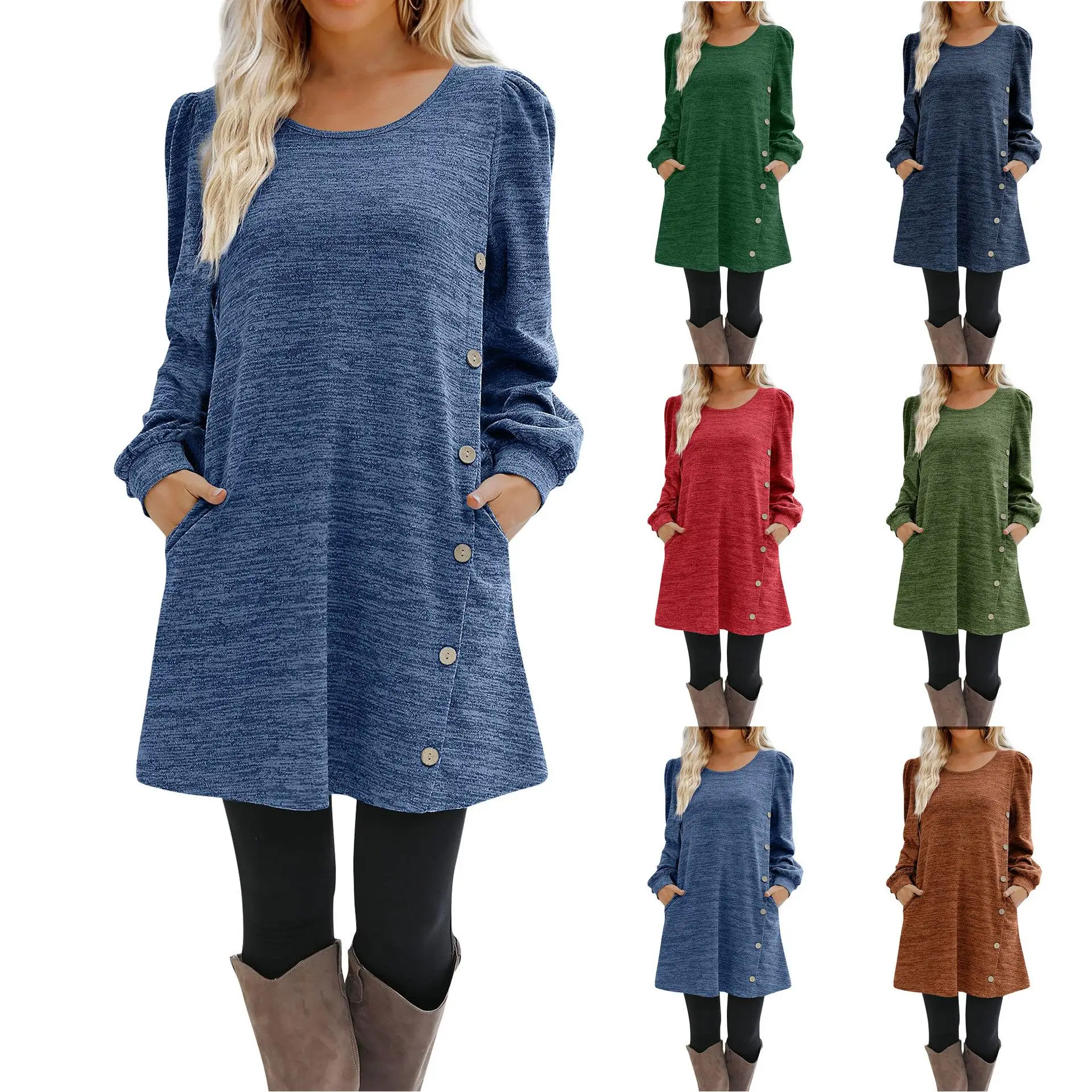 Femme longue boutonnée Dr T-shirt décontracté coton bulle Sve taille moyenne jupe trapèze basique Sle rond Ne Busin décontracté