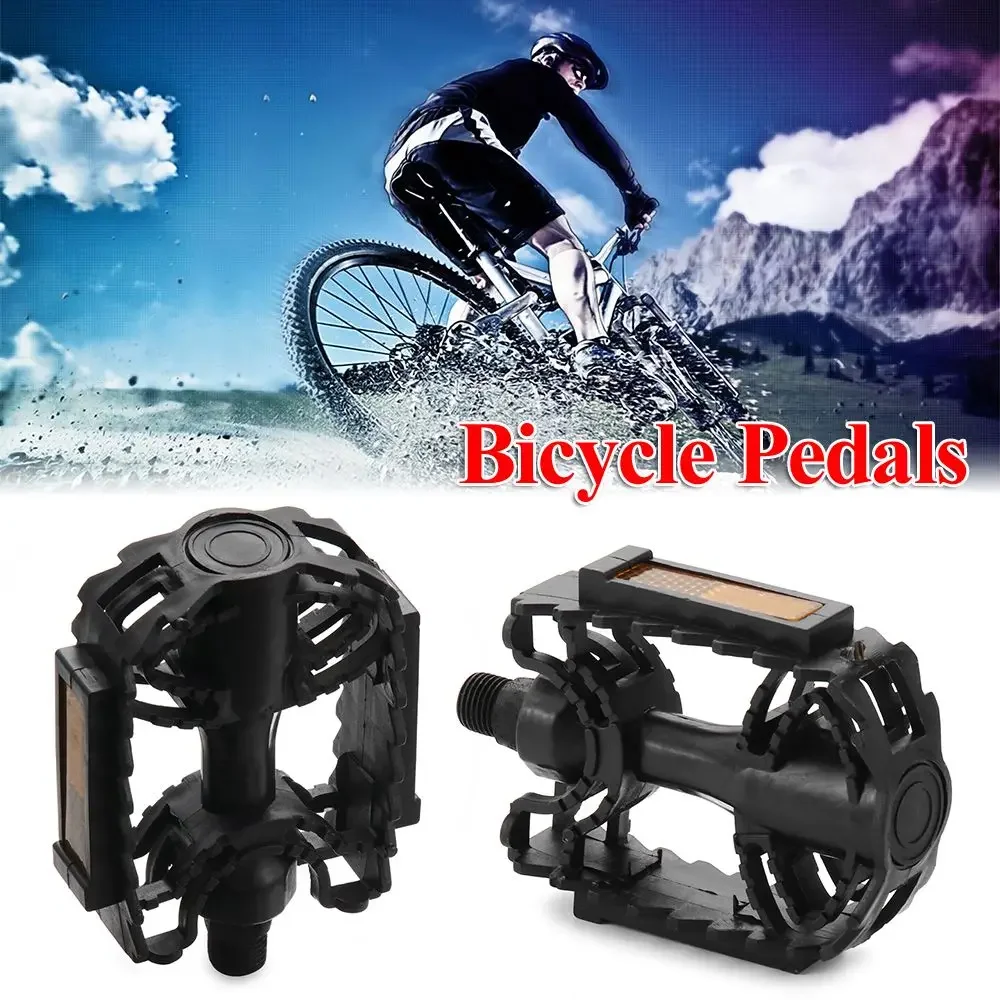 

1Pair MTB Road Bike Flats Platform Pedal Cycling Accessories Black Plastic Bicycle Pedals with Reflective Panels 14mm 12mm