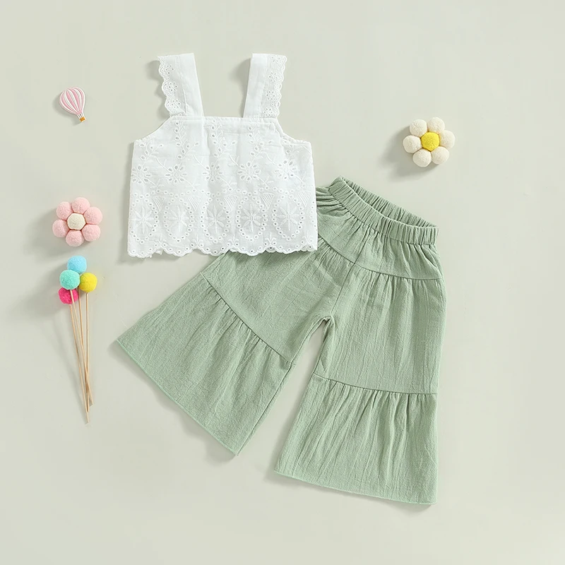 New Kids Baby Girls Summer Outfit Solid Color Sleeveless Lace Tank Tops And Elastic Casual Wide Leg Pants Set 18 Months-6 Years