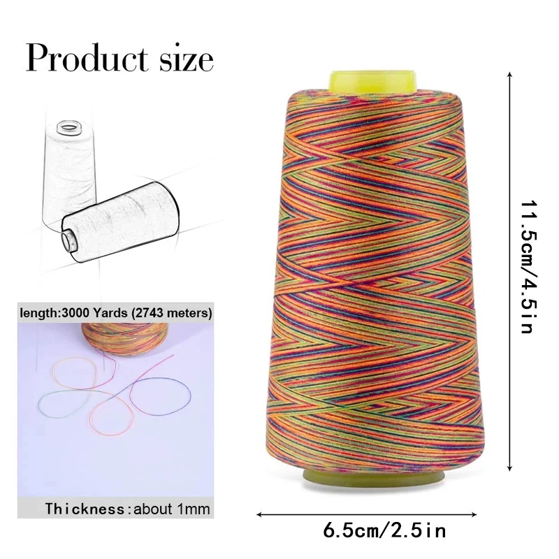 1Pcs 3000 Yards Colorful Rainbow Line 20S/3 High Speed Polyester Sewing Thread Type Manual Thread Clothing Accessories