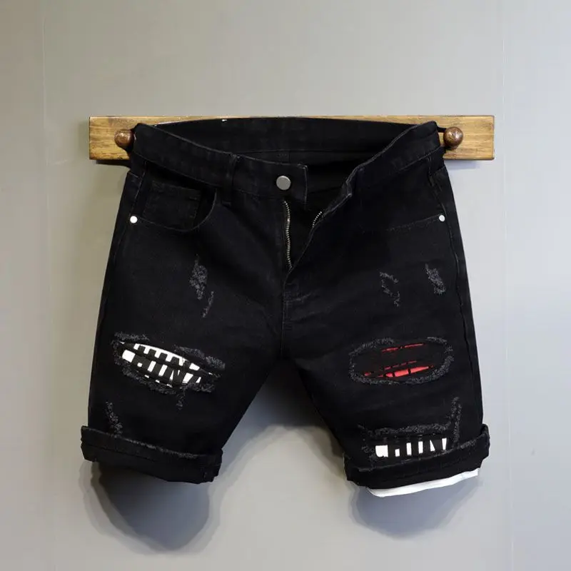Korean Fashion Boyfriend Denim Shorts Men's Youth Summer New Black Washed Ripped Color Patch Slim-fitting Cargo Half Pants
