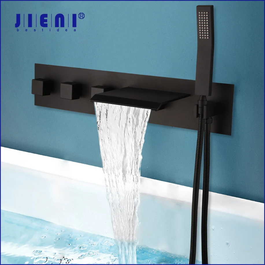 

JIENI Matte Black Bathtub Faucet 5 Holes Joint Pipe Bathroom Tub Shower Faucet Set Chrome Polish Solid Brass Waterfall Mixer Tap