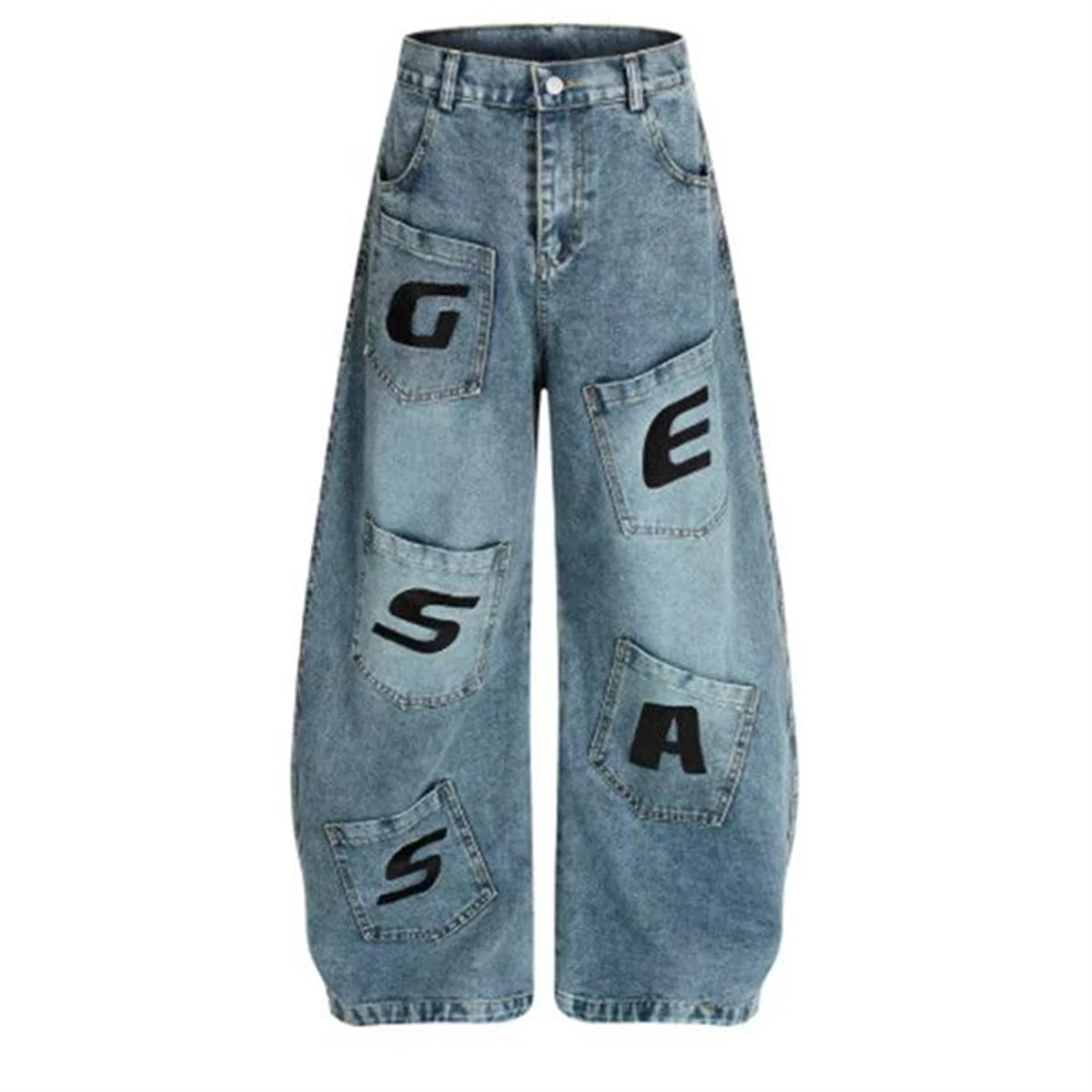 Damen-Jeans mit hoher Taille, weitem Bein, hellblau, Patchwork-Tasche, Buchstabendruck, Vintage-Y2K-Streetwear-Denim-Hose