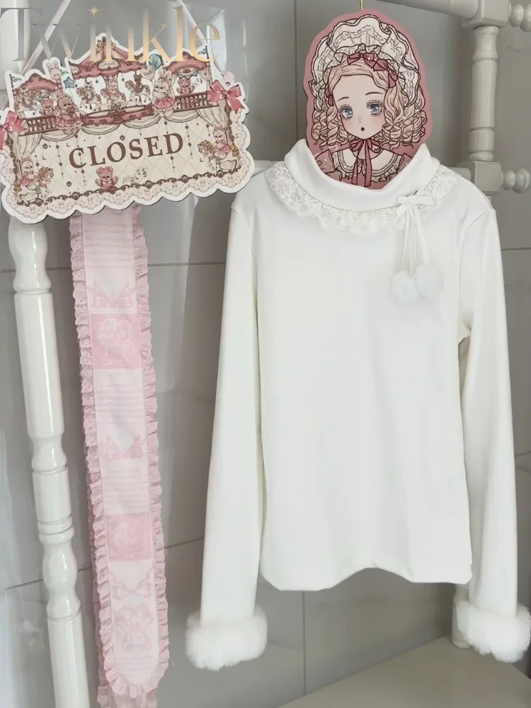 Sweet Lolita Blouse Women Kawaii Velvet Autumn Winter Warm Inner Shirt Thick Thermal Cute Solid Color Long Sleeve Layering Top
