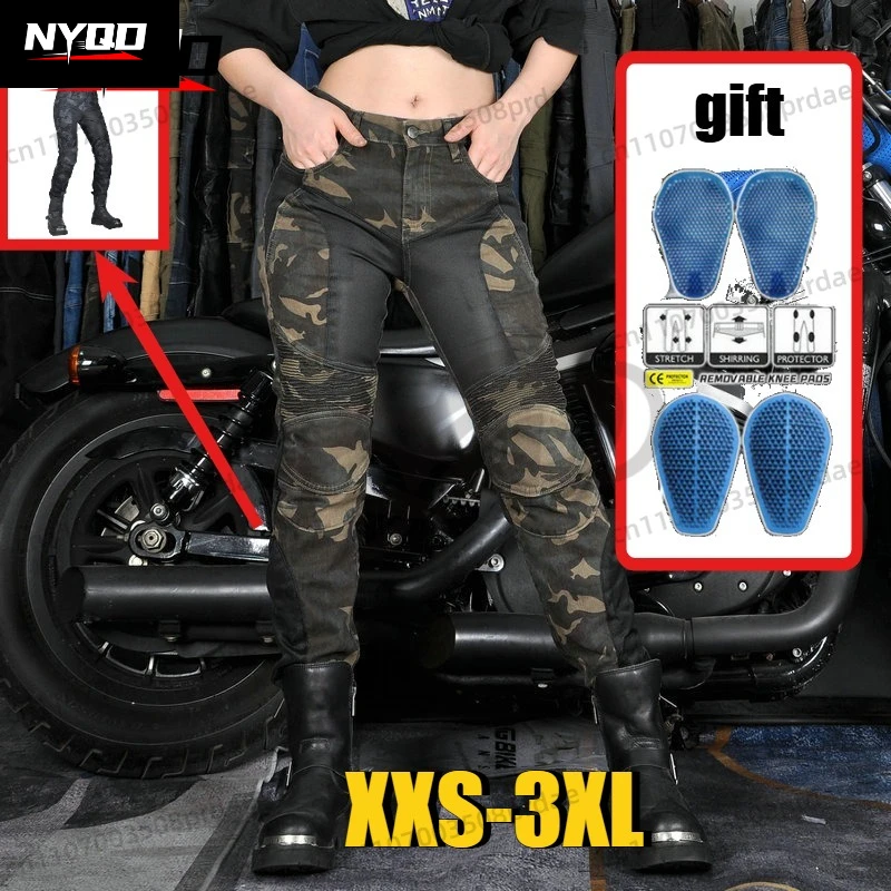 

Женские летние камуфляжные мотоциклетные брюки с сетчатыми вставками, облегающие, дышащие, с защитой от падений, джинсы для мотоциклисток, размеры XXS-3XL