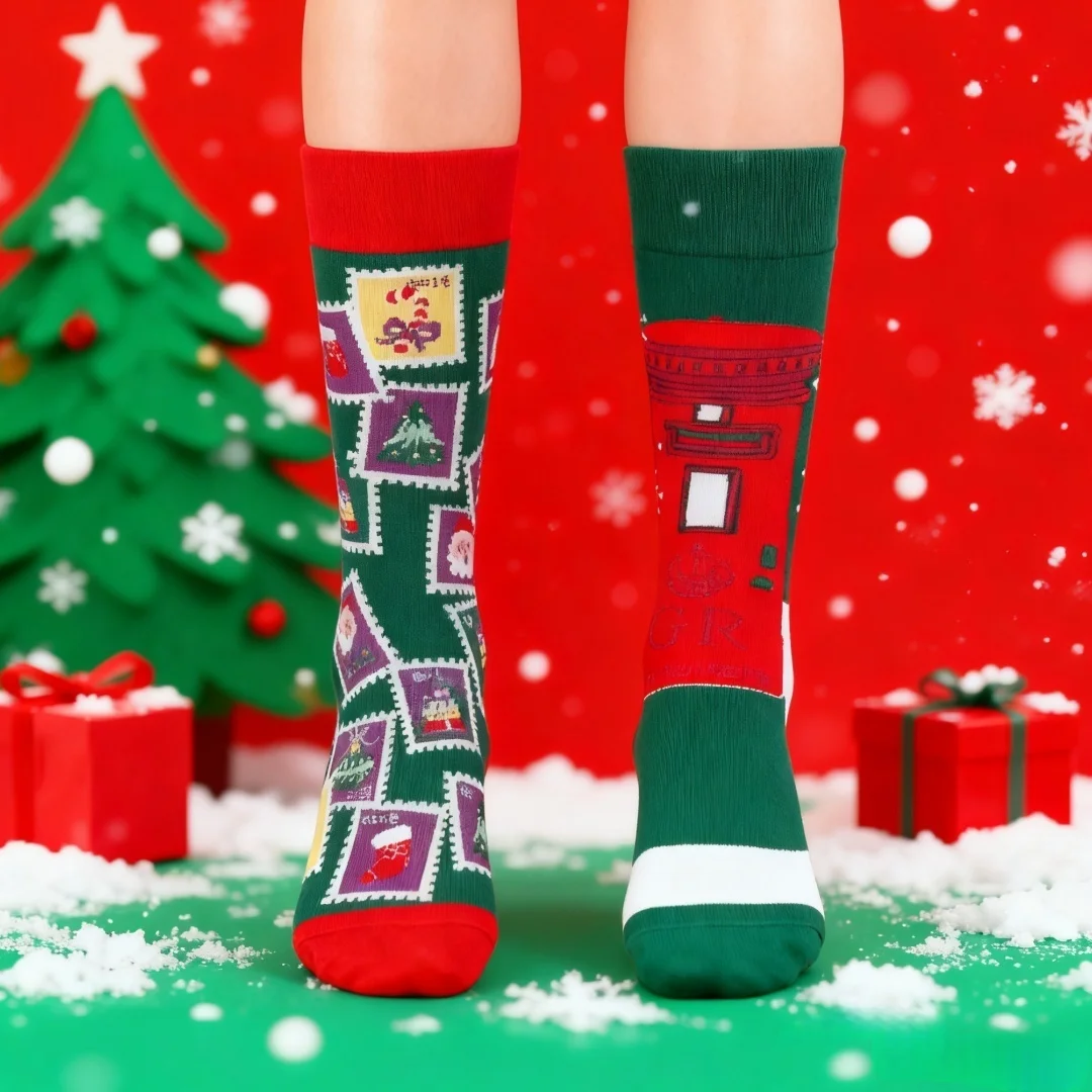 1 paar kerstzegels en vintage brievenbussen, kerstzegels en vintage Ma halfhoge sokken voor unisex, feestelijke thema-outfits